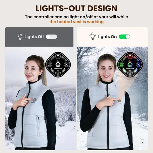 Vista 4 de FUNPRO Chaleco térmico para hombres y mujeres, chaquetas térmicas ligeras, diseño de luces fuera (paquete de baterías no incluidas)