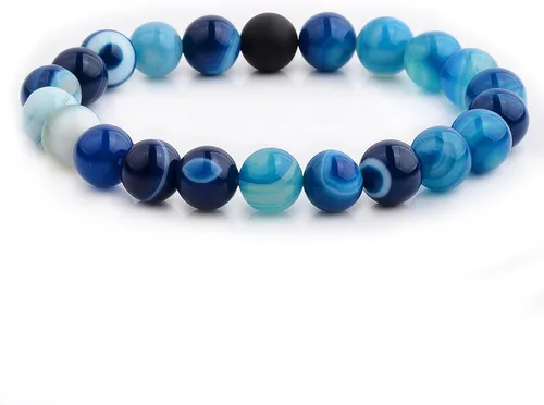 Vista 2 de Pulsera elástica con cuentas de ágata azul pulido y ónix mate para hombre (0.413 in de ancho), talla única, Microfibra, ágata azul