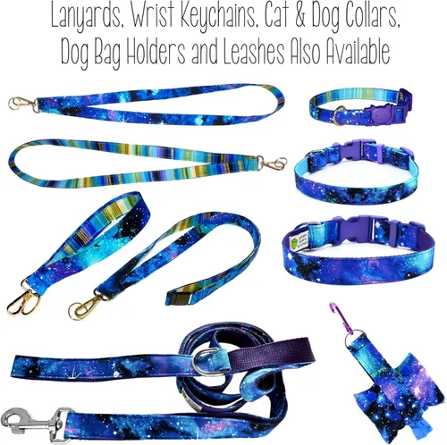 Vista 3 de Collar de gato con galaxia, Cosmos de azul y morado, 100% algodón, 3/8 pulgadas de ancho, 2 tamaños, hebilla de seguridad separable, hecho a mano