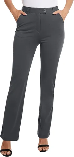 Vista 2 de siliteelon Pantalones de vestir de pierna recta para mujer, elásticos, de cintura alta, para trabajo, oficina, yoga, corte de bota con bolsillos