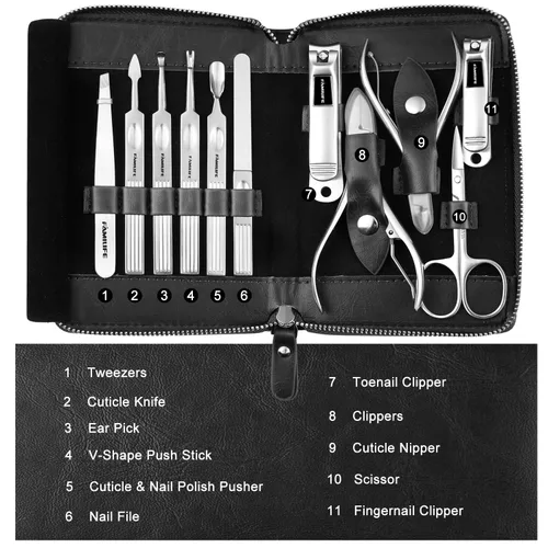 Vista 9 de FAMILIFE - Kit de manicura profesional para uñas, 11 en 1, de acero inoxidable, con estuche de viaje portátil de cuero negro, regalos de lujo para él
