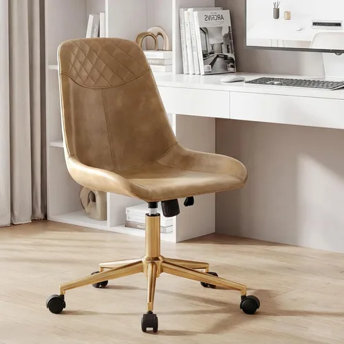 Vista 3 de DUHOME Silla de oficina de cuero PU con ruedas Silla de escritorio de Camel con base dorada