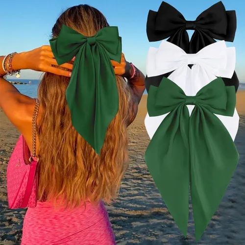 Vista 20 de Velscrun Lazos para el cabello para mujeres y niñas, 3 unidades, lazo blanco, lazo negro, azul marino, lazos grandes para el cabello con clip, lazos