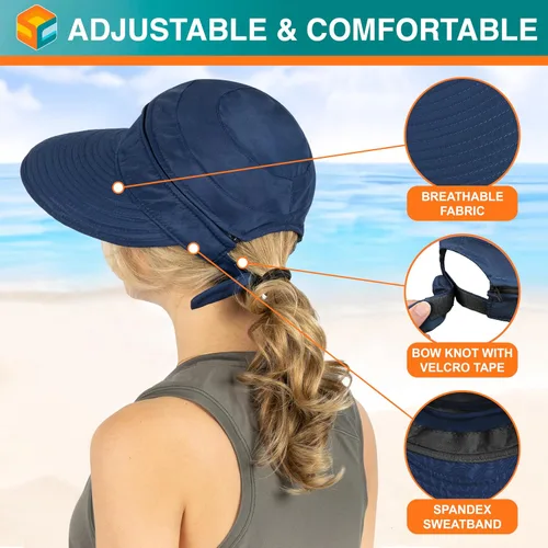 Vista 15 de SUN CUBE Sombrero de sol para mujer para protección UV al aire libre, sombrero de sol de ala ancha, cola de caballo, sombrero de playa convertible