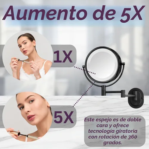 Vista 9 de JERDON Espejo de maquillaje de montaje en pared con cableado - 5X/1X - Negro - HL65BKD Alambre directo negro