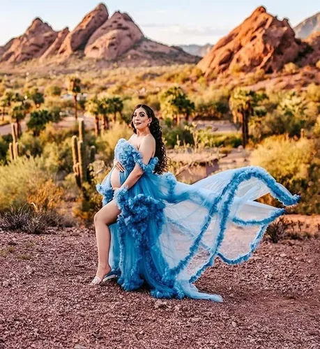 Vista 2 de UZN Vestidos de maternidad de tul con hombros descubiertos para sesión de fotos, batas largas hinchadas, vestido de embarazo transparente para baby