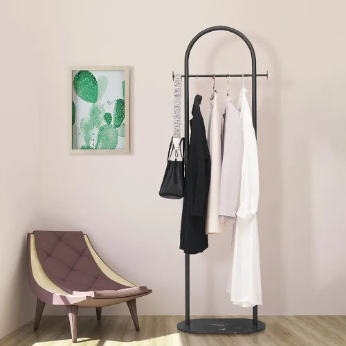 Vista 3 de Perchero de metal con base de mármol, moderno perchero para dormitorio, perchero de pie, resistente, para bolsa, sombrero, bufanda, chaqueta, negro