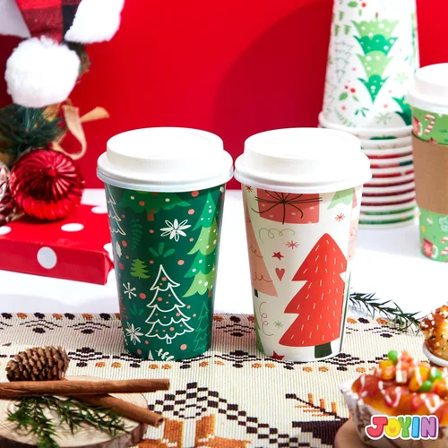 Vista 6 de JOYIN 24 vasos de papel desechables de Navidad, vasos de fiesta de Navidad de 16 onzas con mangas y tapas, 8 diseños de vasos de café de Navidad