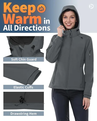 Vista 4 de Outdoor Ventures Chaqueta Softshell para mujer con capucha, forro polar, cálida, ligera, impermeable, aislada, cortavientos
