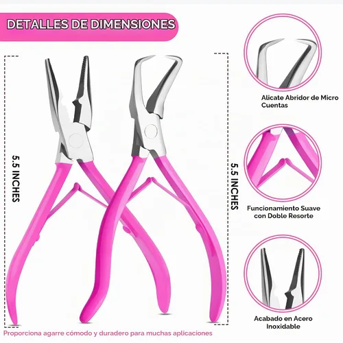 Vista 4 de Beauty & Crafts Herramientas de extensión de cabello, juego de alicates de acero inoxidable para microcuentas, 1 aguja de ganchillo, 1 gancho