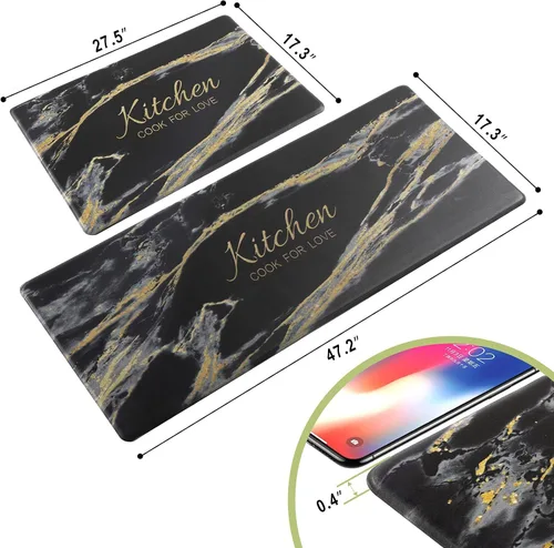 Vista 3 de Carvapet 2 tapetes cómodos antifatiga para cocina, de pie, impermeables, decorativas, ergonómicas, para cocina, diseño de mármol negro y dorado, 17