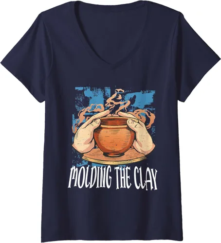 Vista 3 de Camiseta con cuello en V para mujer Moldeando la arcilla Pottery Ceramics Artiste, Negro
