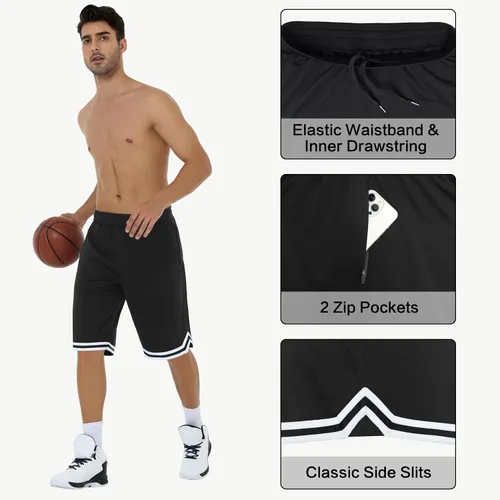 Vista 3 de JWM Pantalones cortos largos de baloncesto para hombre con bolsillos con cremallera, malla de 11 pulgadas, pantalones cortos deportivos de secado