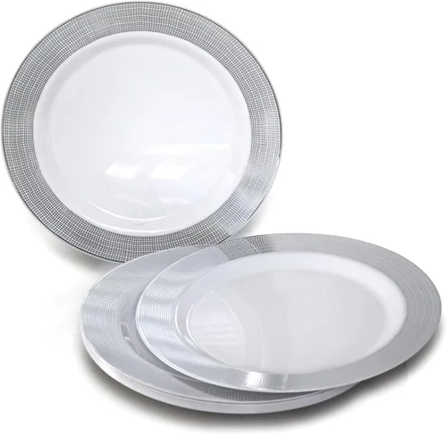 Vista 2 de Occasions" - Juego de 300 piezas y 60 platos de plástico desechables para bodas y cubiertos (lino blanco y plateado, cubiertos plateados)