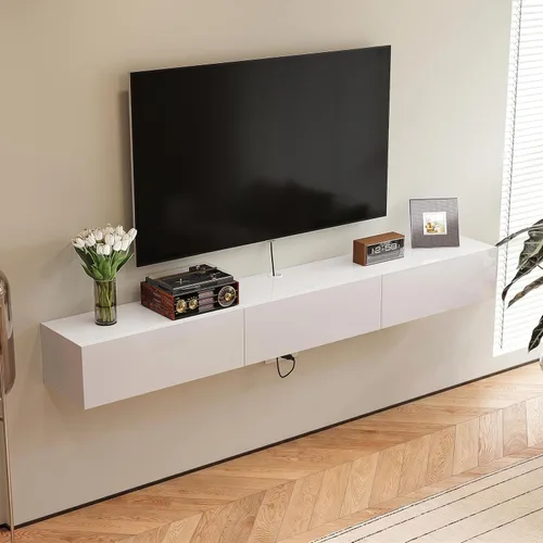 Vista 11 de FurniNova Soporte flotante para TV con 3 puertas, moderno mueble flotante para consola de TV con almacenamiento, estante flotante de madera Negro