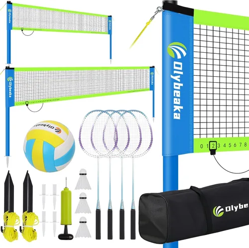 Vista 10 de Portable Volleyball & Badminton Combo Net Set for Backyard Beach with 2 Nets (20ft and 32ft), Adjustable Poles, PU Volleyball, Aluminum Rackets and