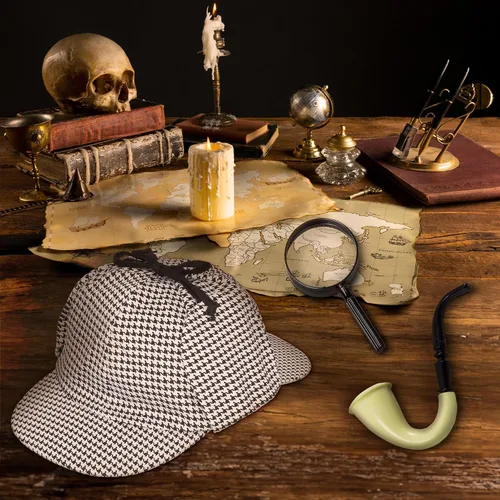 Vista 7 de Funny Party Hats Sherlock Holmes - Kit de detective, sombrero blanco y negro, tubo de disfraz y lupa de trabajo, perfecto para fiestas de disfraces