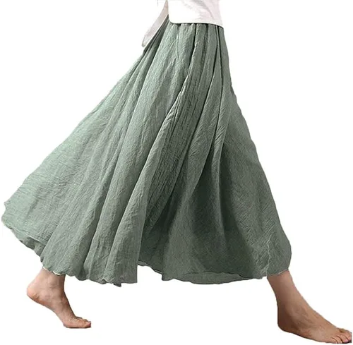 Vista 16 de ASHER FASHION Falda larga estilo bohemio con cintura elástica de algodón y lino para mujer Beige