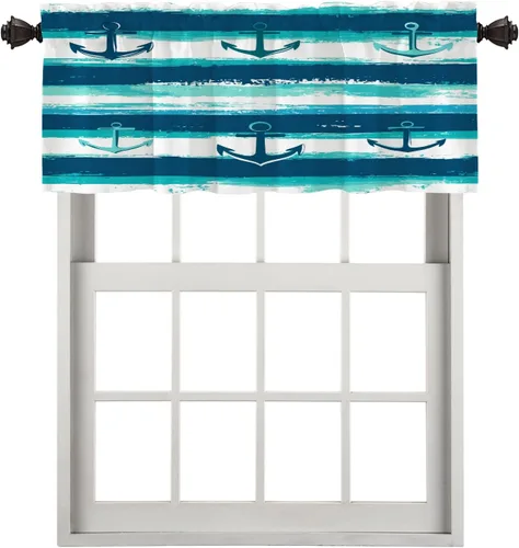 Vista 126 de Maritime Ocean Blackout Tier Curtains, Anchors Nautical Art Half Window Drapes for Kitchen with Rod Pocket,Room Darkening 2 Pack 26X24 Inches