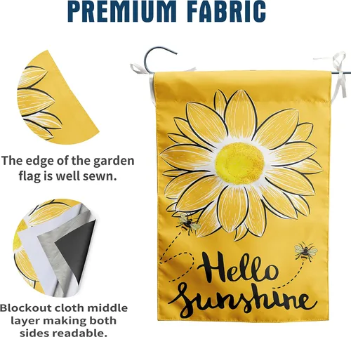 Vista 3 de Bandera de Jardín Hello Sunshine con Abeja y Girasol, Banderas de Jardín de Verano para Exteriores, Bandera de Flores Amarillas 12x18 pulgadas Doble