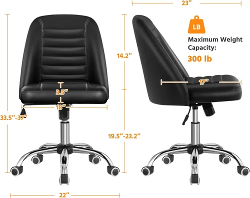 Vista 3 de Yaheetech - Silla de escritorio de piel sintética negra sin brazos, giratoria ajustable