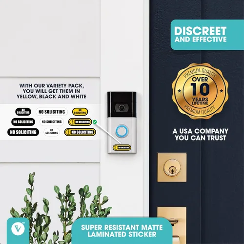 Vista 2 de Letrero pequeño de No Soliciting para casa, 9 tamaños pequeños compatibles con la mayoría de timbres de video, calcomanías mate resistentes a