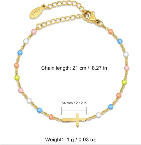 Vista 4 de Pulsera de Cuentas con Cruz Chapada en Oro de 14K para Mujeres, Pulsera de Acero Inoxidable Ajustable con Cruz de Fe Religiosa, Pulsera de Cadena