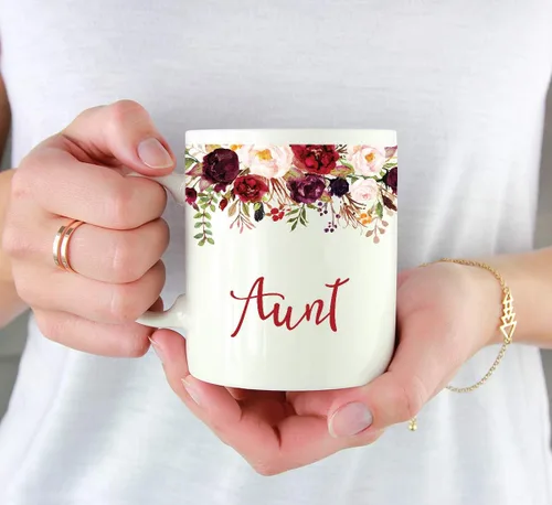 Vista 3 de Andaz Press Taza de té de cerámica para el día de la madre, regalo de 9.5 fl oz, otoño, marsala, flores burdeos, rosas, flores, tía, 1 paquete