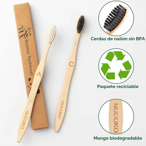 Vista 2 de NUDUKO Cepillos de dientes de bambú biodegradables, paquete de 10 unidades, ecológico, cepillo de dientes de madera natural, sin BPA