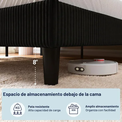 Vista 5 de Allewie Marco de cama tamaño completo con cabecera tapizada tipo wingback, cama plataforma de terciopelo de pana con capitoné de canales verticales