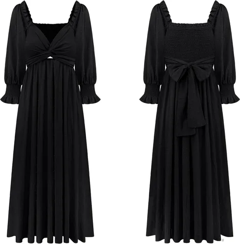 Vista 6 de R.Vivimos Vestido de verano bohemio de algodón con mangas abombadas y lunares suizos con cordones fruncidos, casual, acampanado, vestido por debajo