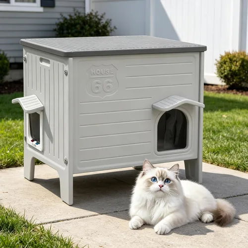 Vista 9 de Deblue Weatherpoof - Casa para gatos al aire libre, grandes casas de plástico para gatos con puerta de escape para interiores, impermeable, refugio