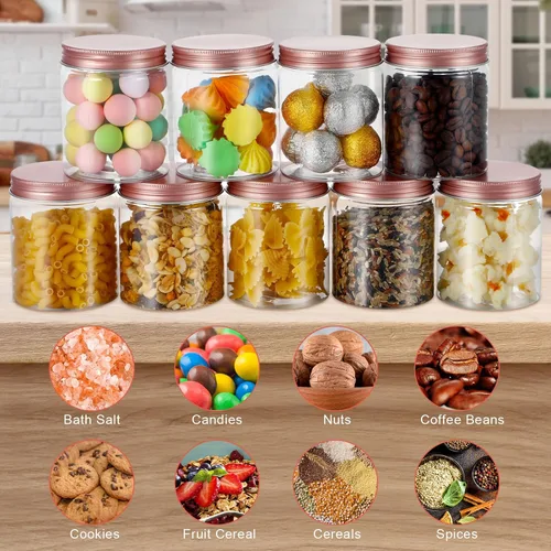 Vista 4 de Hushee 24 tarros de plástico de 8 onzas con tapas, tarros redondos transparentes para alimentos con tapas de oro rosa, tarros de plástico apilables