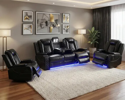 Vista 8 de Juego de sofá reclinable eléctrico con LED, juego de sofá de cuero transpirable para sala de estar, juego de sofá reclinable con puerto USB, Negro