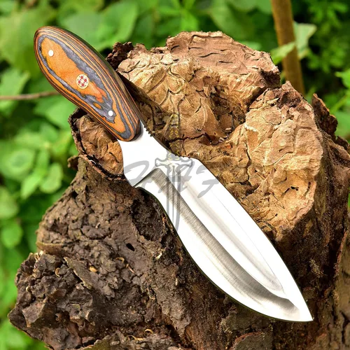 Vista 2 de Cuchillo Bowie - Acero D2, mango de madera PAKKA de 9", naranja, táctico y para exteriores, con funda - KE-0549-HK