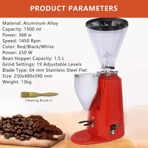Vista 8 de Molinillo de fresas planas de café eléctrico de 360 W, ajuste preciso de 19, para expreso/goteo/cerveza fría/prensa francesa, color negro