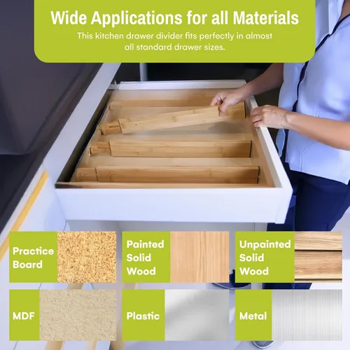 Vista 2 de Organizador de cajones de bambú ajustable y expandible - Separadores de cajones ideales para cocina, tocador, dormitorio y baño - Organizador
