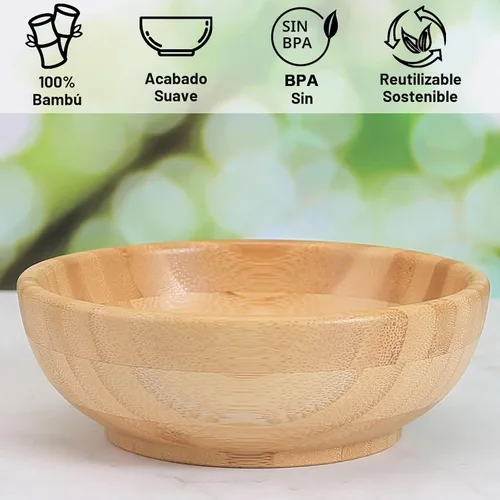 Vista 3 de Tazones de madera de bambú, cuenco redondo de 6 pulgadas para ensaladas, frutas, pasta, verduras, cuenco de sopa poco profundo artesanal de 17 onzas
