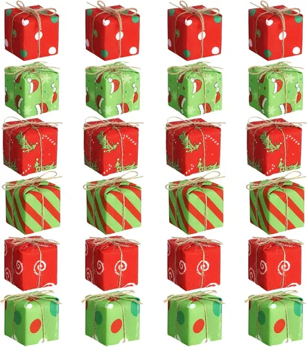 Vista 10 de Chivao 24 piezas de adornos para árbol de Navidad, mini regalos para manualidades, adornos en miniatura con cuadros de búfalo, adornos colgantes