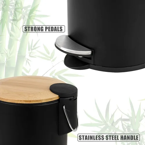 Vista 6 de SIDIANBAN Bote de basura pequeño para baño con tapa de bambú, 1.3 galones/5 litros, negro, hierro