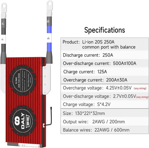 Vista 119 de DALY BMS 72V Li-ion 20S 30A Tablero de protección con cable de equilibrio de puerto común para panel solar autoconstruido, sistema de suministro