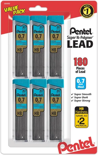 Vista 9 de Pentel Super Hi-Polymer - Recambios de 0.020 in de grosor, HB, 180 piezas de plomo (C25BPHB6), (paquete de 2)