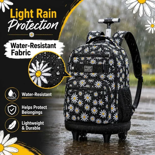 Vista 2 de Mochila con ruedas para mujeres, niñas, mochila escolar Crisantemo Negro