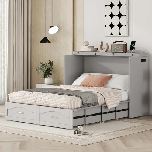 Vista 37 de Baúl móvil Murphy de tamaño Queen con módulo USB integrado de doble alimentación/USB, armario moderno y tradicional de madera maciza con cajón Gris-A