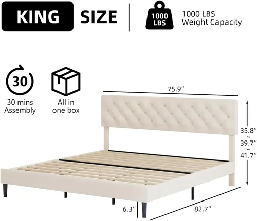 Vista 2 de BarnFurin Base de cama tamaño King, plataforma tapizada con cabecera capitoné con botones, marco de cama de tela con soporte de listones de madera