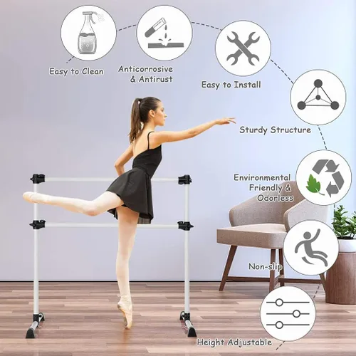Vista 4 de Equipo de ballet portátil de 4 pies para niños y adultos, altura ajustable, doble barra de ballet, esterilla de entrenamiento para el hogar