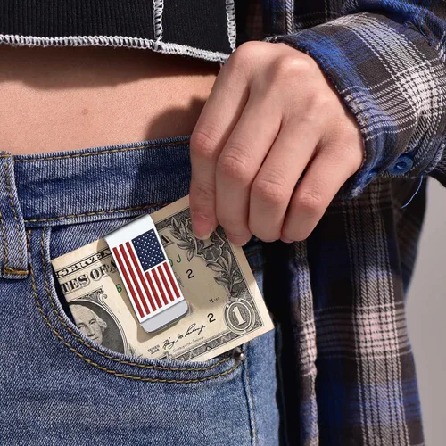 Vista 6 de ChainsProMax Puede grabar clip de dinero para hombre, patrón de bandera de Estados Unidosbéisbol, patrón de caja, acero inoxidablechapado en oro