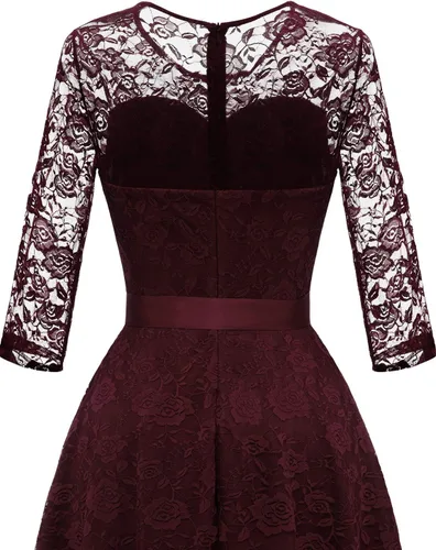 Vista 6 de Dressystar Vestido de encaje floral para mujer, corto, para dama de honor, con cuello transparente B- Borgoña