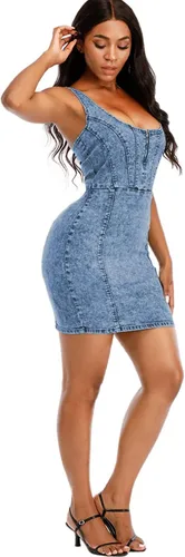 Vista 5 de Vestido de mezclilla para mujer, sexy, cuello en V, ajustado, sin mangas, pantalones cortos
