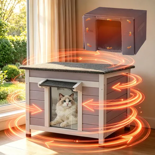 Vista 11 de Casa climatizada para gatos al aire libre con forro aislante, refugio impermeable para gatos Solid Fir Timber Stray Kitty Habitat With Removable